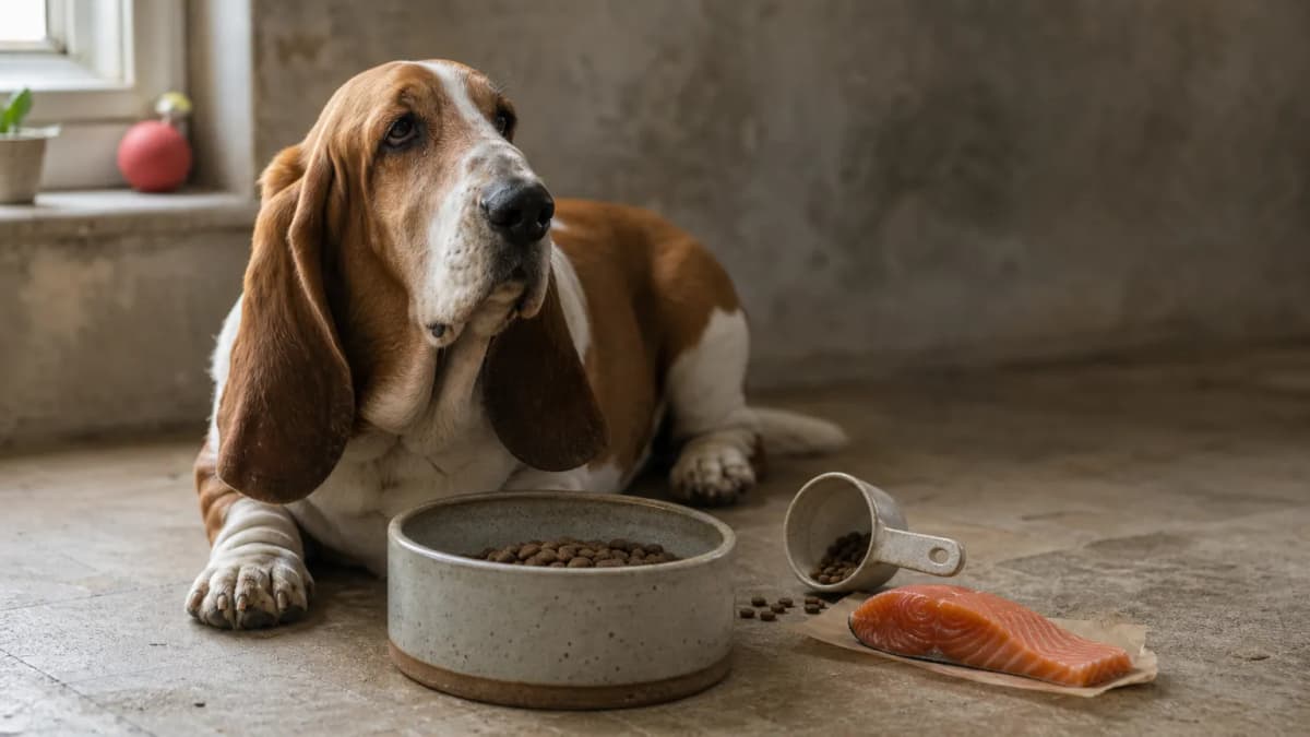 Basset hound with a bowl of food