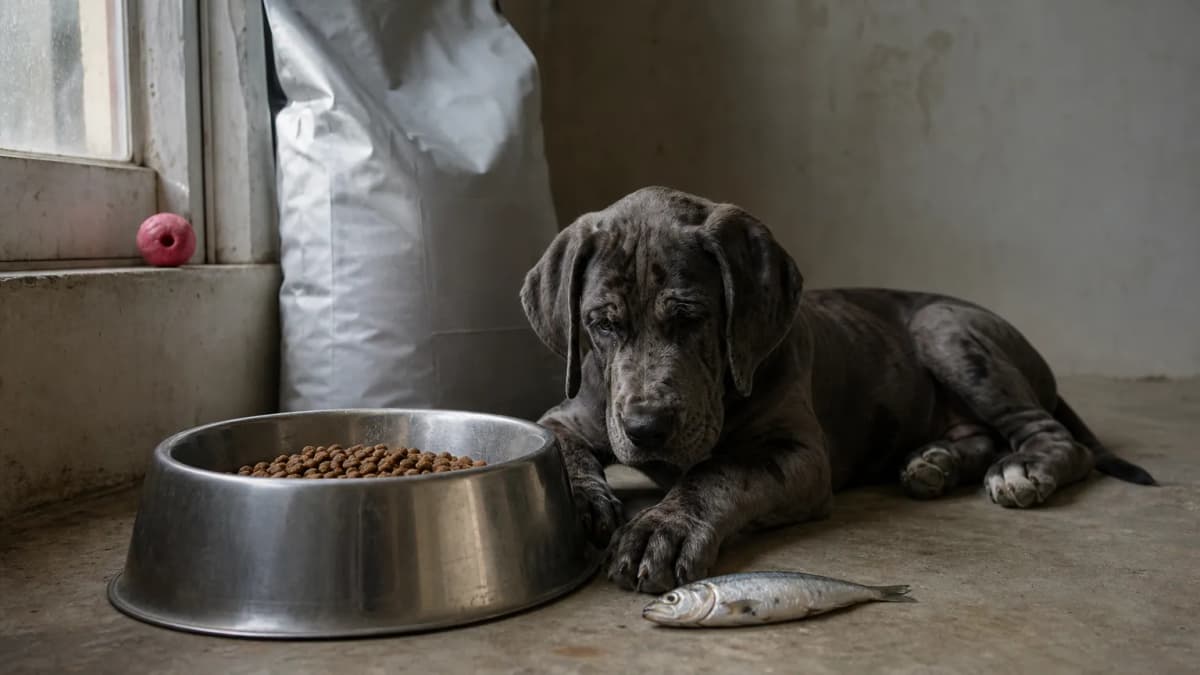 Giant breed puppy beside a bowl of dry food